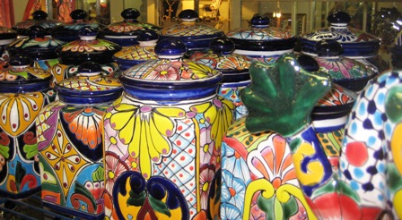 Colorful traditional Talavera pottery with intricate Mexican designs